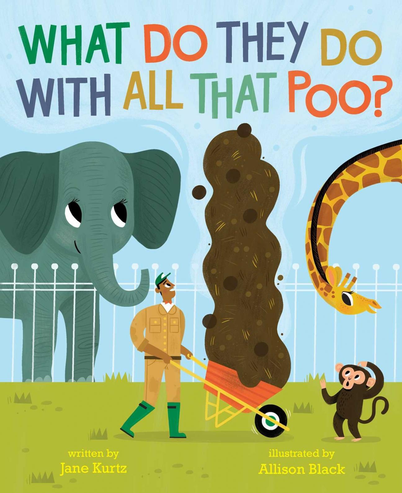 text: what do they do with all that poo, image: zookeeper at a zoo with elephant, giraffe, and gigantic pile of poop in wheelbarrow