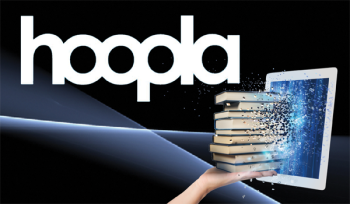 books coming out of an ipad screen with hoopla logo