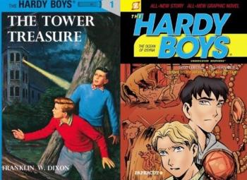 book covers for the original prose and graphic novel Hardy Boys books