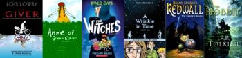 graphic novel book covers for Giver, Anne of Green Gables, The Witches, A Wrinkle In Time, Redwall, and The Hobbit.