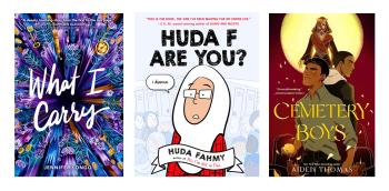 book covers for What I Carry, Huda F Are You?, and Cemetery Boys