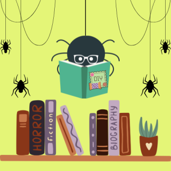 Image of spiders readings over a spooky bookshelf