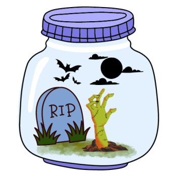 Cartoon image of a jar filled with dirt, a grace stone, zombie hand, & decorations for a terrarium.