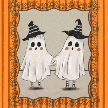 Image of cartoon ghosts in a picture frame.