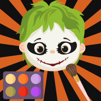 Image of a cartoon person with Joker like makeup being applied