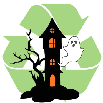 Image of a haunted house & ghost in front of a recycling symbol