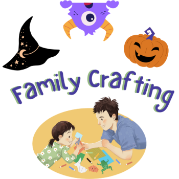 Image of father & daughter crafting with the program background, witch hat, monster, and jack-o-lantern in the background