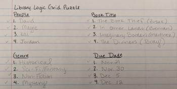 A photo of a lined sheet of paper, with four categories on it: people, book title, genre, and due date. The categories have now been filled in with four entries per category