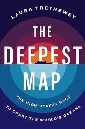 The Deepest Map book cover, shades of blues, reds, and orange, shadow of a ship