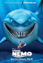 Finding Nemo poster, Bruce the shark smiling behind Marlin and Dory