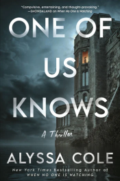 One of Us Knows book cover, castle at night, with one window lit up and woman looking out