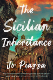 The Sicilian Inheritance book cover, buildings in city, blue and orange sky