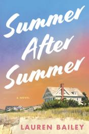 Summer After Summer book cover, colorful sunset, white house with a field in front