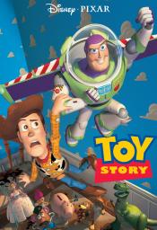 Toy Story poster, Buzz and Woody flying, other toys looking up at them