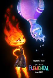 Elemental movie poster, girl made of fire standing and boy made of water hanging upside down
