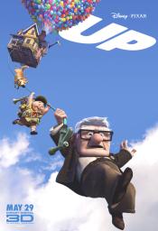 Up movie poster, house floating with balloons, multiple characters hanging from floating house