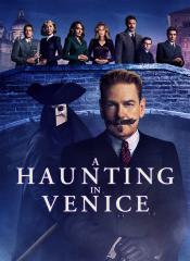 A Haunting in Venice DVD cover, Hercule Poirot standing in front of masked person, both standing in front of a bridge with seven people standing on it