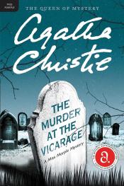 Murder at the Vicarage cover, blue background, cemetery with multiple headstones