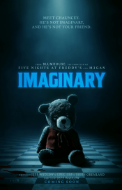 Imaginary movie poster, stuffed teddy bear sitting on floor, dark background and spotlight on bear