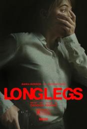 Longlegs movie poster, red font, woman covering mouth in shock and holding gun at hip