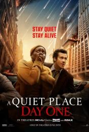 Quiet Place Day One movie poster, "Stay Quiet, Stay Alive", two people running through city under attack