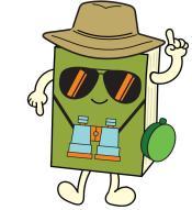 an animate green book with a hat, binoculars, and canteen, stylishly wags his fingers while looking cool.