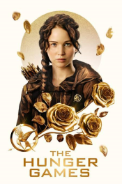 The Hunger Games movie, Katniss staring straight ahead, gold mocking jay pin, gold roses 