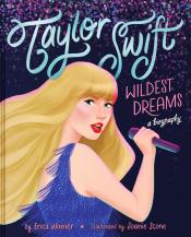 Taylor Swift biography, Wildest Dreams, illustration of Taylor Swift singing into microphone with glittery background