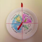 Paper plate weather chart with four sections indicating different weather